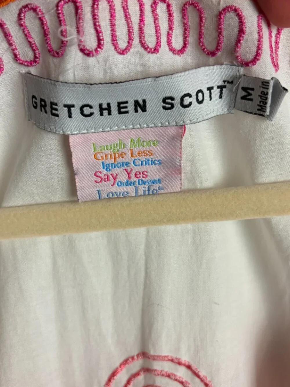Gretchen Scott Size M Embroidered Tunic Top White Pink Tassel Tie Swim Cover Up